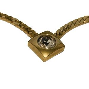VTG NECKLACE Gold Tone Herringbone V Chocker 1980s Rhinestone Embedded Pendant